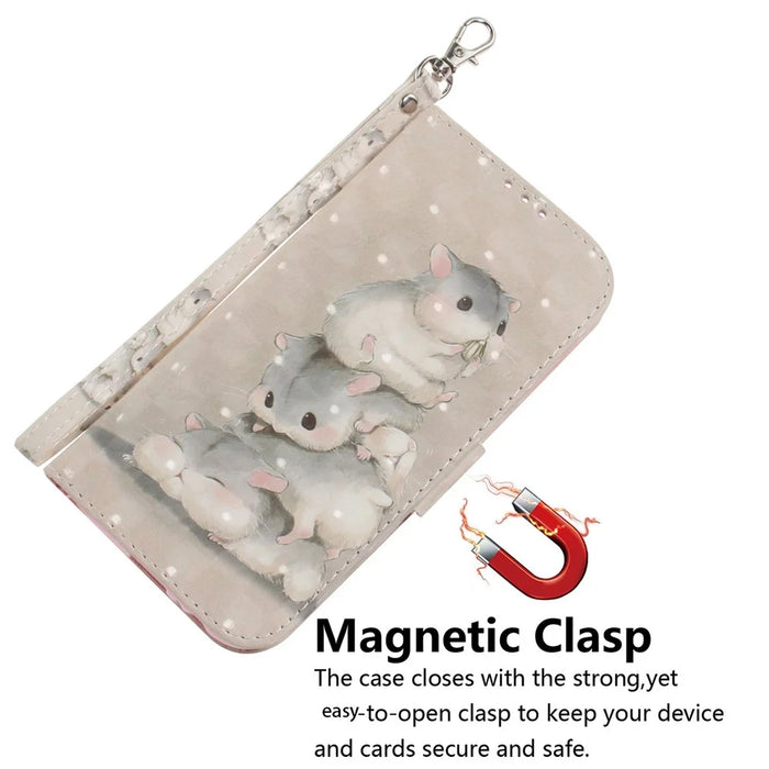 For Samsung Galaxy A14 5G / A14 4G Cover 3D Pattern PU Leather Stand Case with Strap - Stacking Squirrels - 4