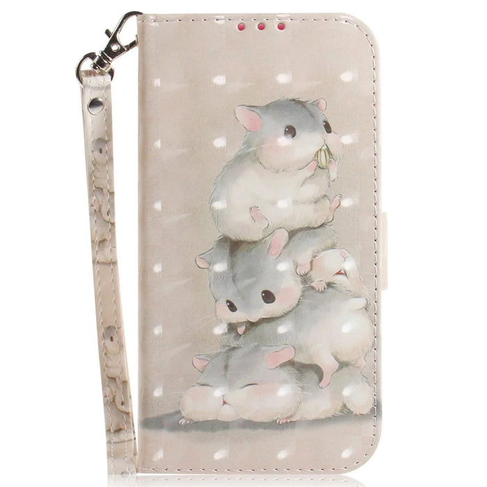 For Samsung Galaxy A14 5G / A14 4G Cover 3D Pattern PU Leather Stand Case with Strap - Stacking Squirrels - 6