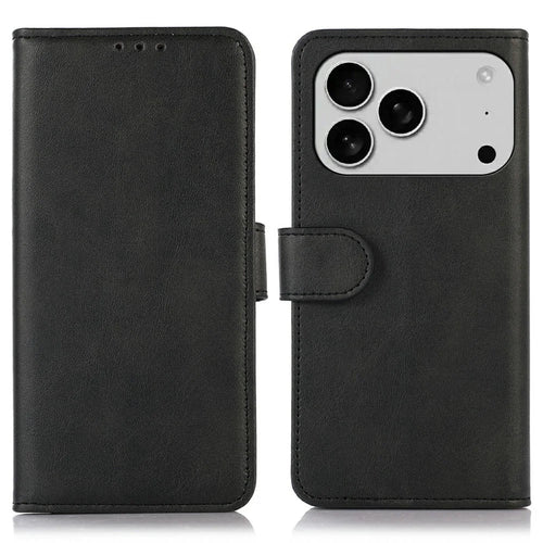 For iPhone 18 Pro / 17 Pro Case Cowhide Texture Leather Wallet Phone Cover with Stand - Black - 1