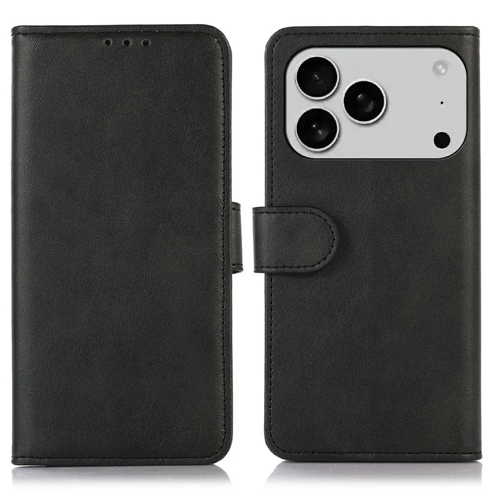 For iPhone 18 Pro Max / 17 Pro Max Case Cowhide Texture Leather Wallet Phone Cover with Stand - Black - 1