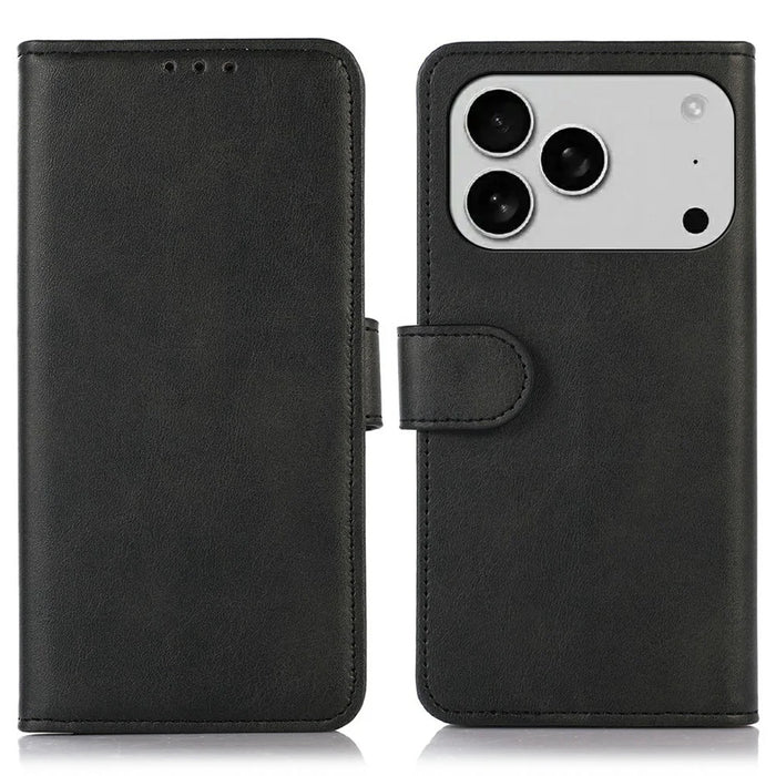 For iPhone 18 Pro Max / 17 Pro Max Case Cowhide Texture Leather Wallet Phone Cover with Stand - Black - 1