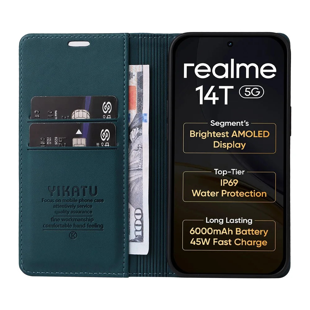 YIKATU For Realme 14 5G / Realme 14T 5G Phone Cases  Magnetic Closure PU Leather Mobile Cover - Green - 2