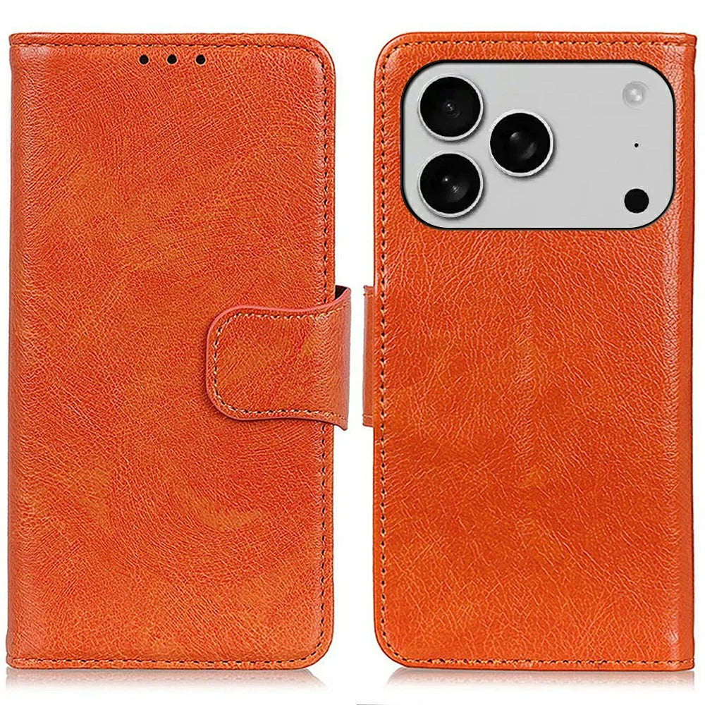 For iPhone 18 Pro Max / 17 Pro Max Case Nappa Texture Split Leather Wallet Phone Cover - Orange - 1