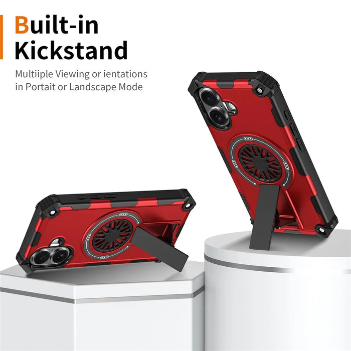 For iPhone 16 Magnetic Case Kickstand TPU + PC Drop Defend Phone Cover - Red - 2