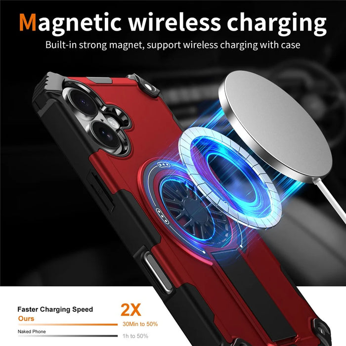 For iPhone 16 Magnetic Case Kickstand TPU + PC Drop Defend Phone Cover - Red - 3
