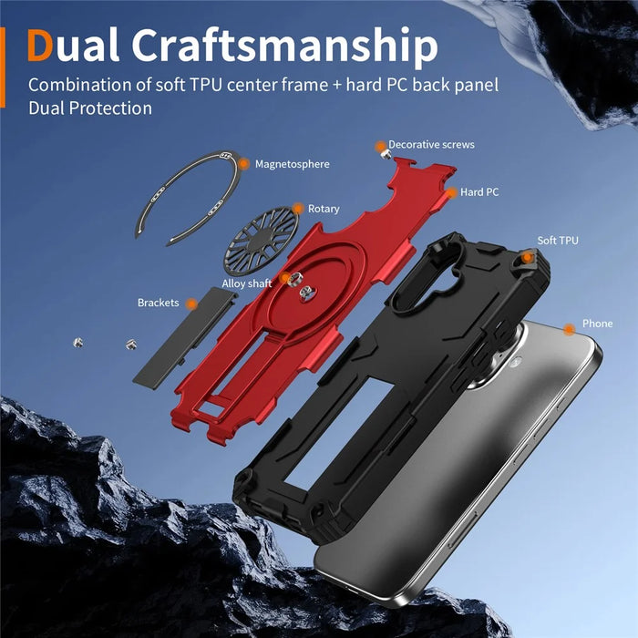 For iPhone 16 Magnetic Case Kickstand TPU + PC Drop Defend Phone Cover - Red - 7