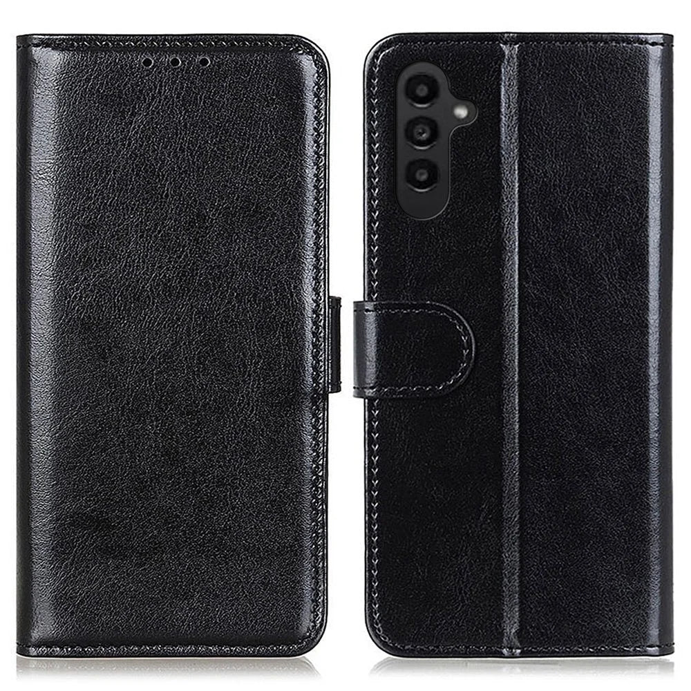For Samsung Galaxy A14 5G / A14 4G PU Leather Magnetic Clasp Cell Phone Case Anti-scratch Crazy Horse Texture Stand Wallet Cover - Black - 1