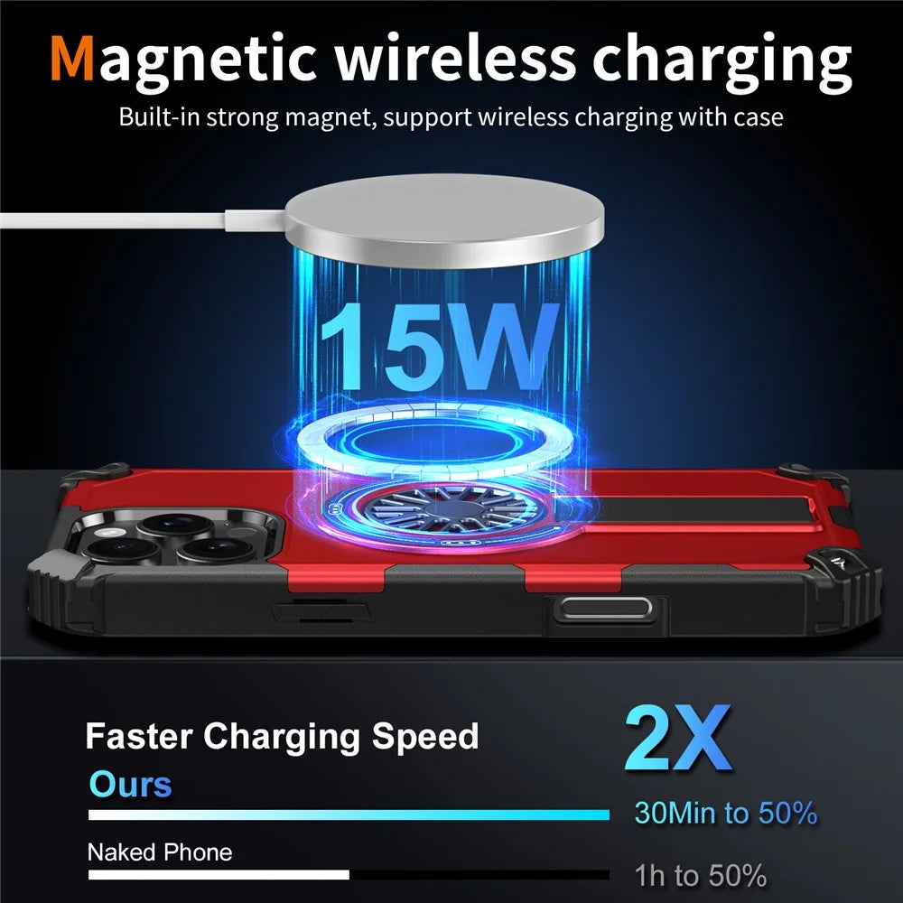 For iPhone 16 Pro Max Magnetic Case Kickstand TPU + PC Drop Defend Phone Cover - Red - 3