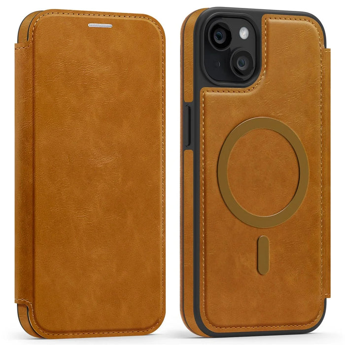 For iPhone 15 Plus Case Compatible with MagSafe RFID Blocking Card Holder Leather Phone Cover - Brown - 1