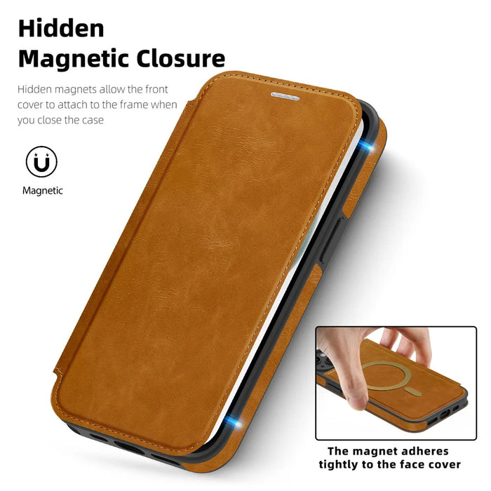 For iPhone 15 Plus Case Compatible with MagSafe RFID Blocking Card Holder Leather Phone Cover - Brown - 3