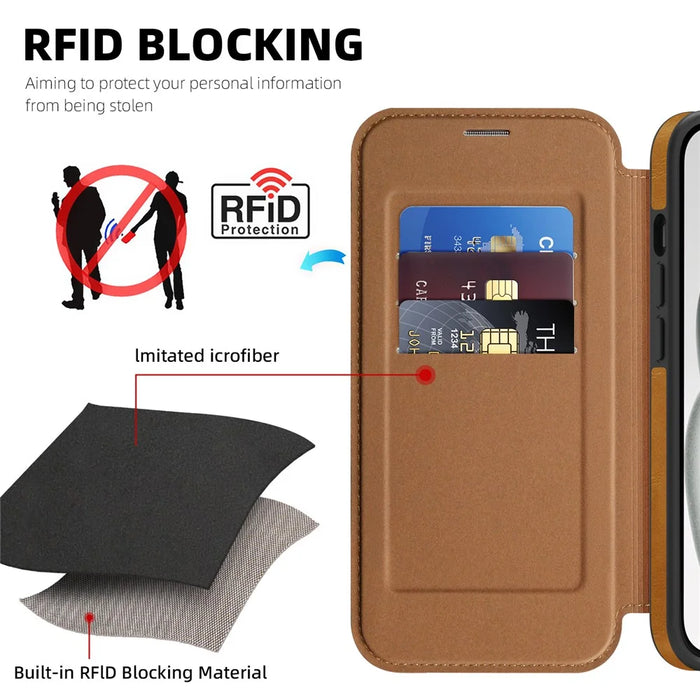For iPhone 15 Plus Case Compatible with MagSafe RFID Blocking Card Holder Leather Phone Cover - Brown - 4