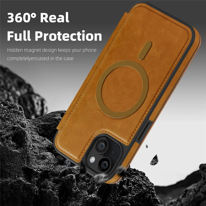 For iPhone 15 Plus Case Compatible with MagSafe RFID Blocking Card Holder Leather Phone Cover - Brown - 5