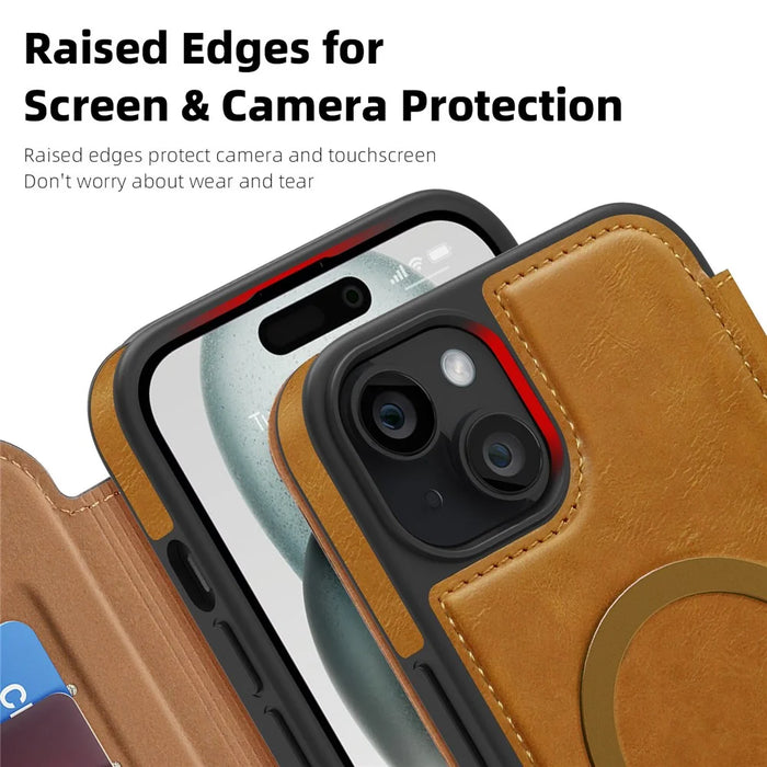 For iPhone 15 Plus Case Compatible with MagSafe RFID Blocking Card Holder Leather Phone Cover - Brown - 6