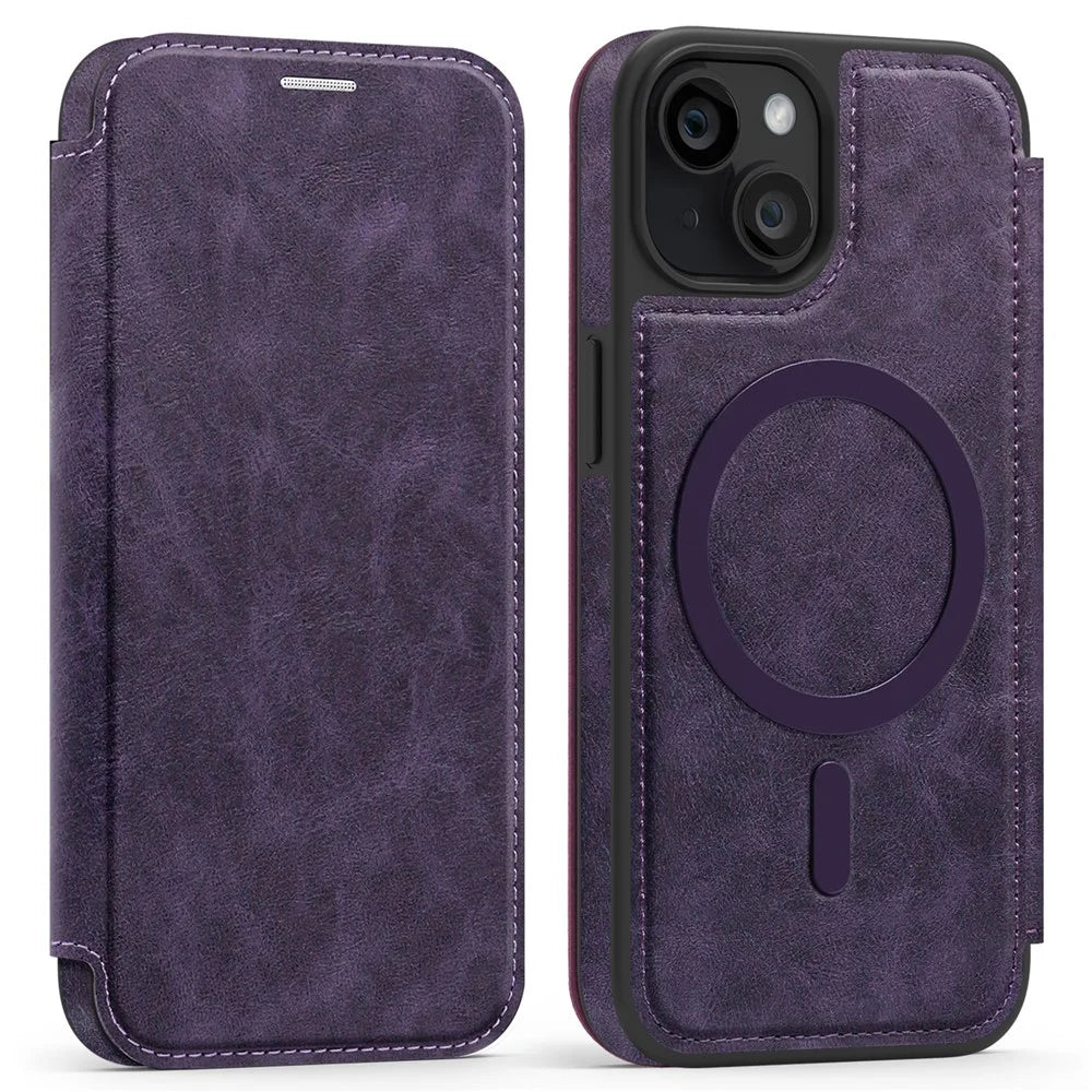 For iPhone 15 Case Compatible with MagSafe RFID Blocking Card Holder Leather Phone Cover - Dark Purple - 1