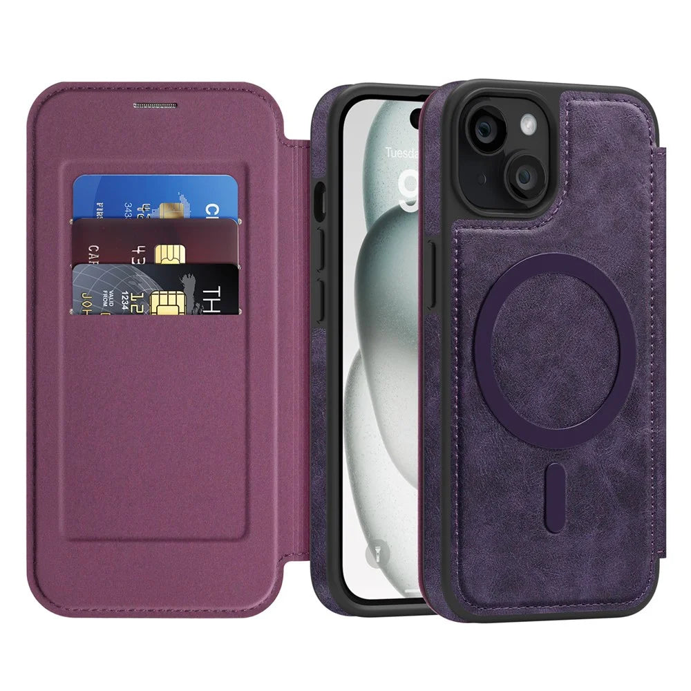 For iPhone 15 Case Compatible with MagSafe RFID Blocking Card Holder Leather Phone Cover - Dark Purple - 2