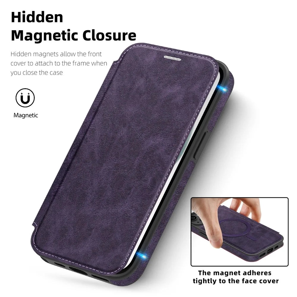 For iPhone 15 Case Compatible with MagSafe RFID Blocking Card Holder Leather Phone Cover - Dark Purple - 3