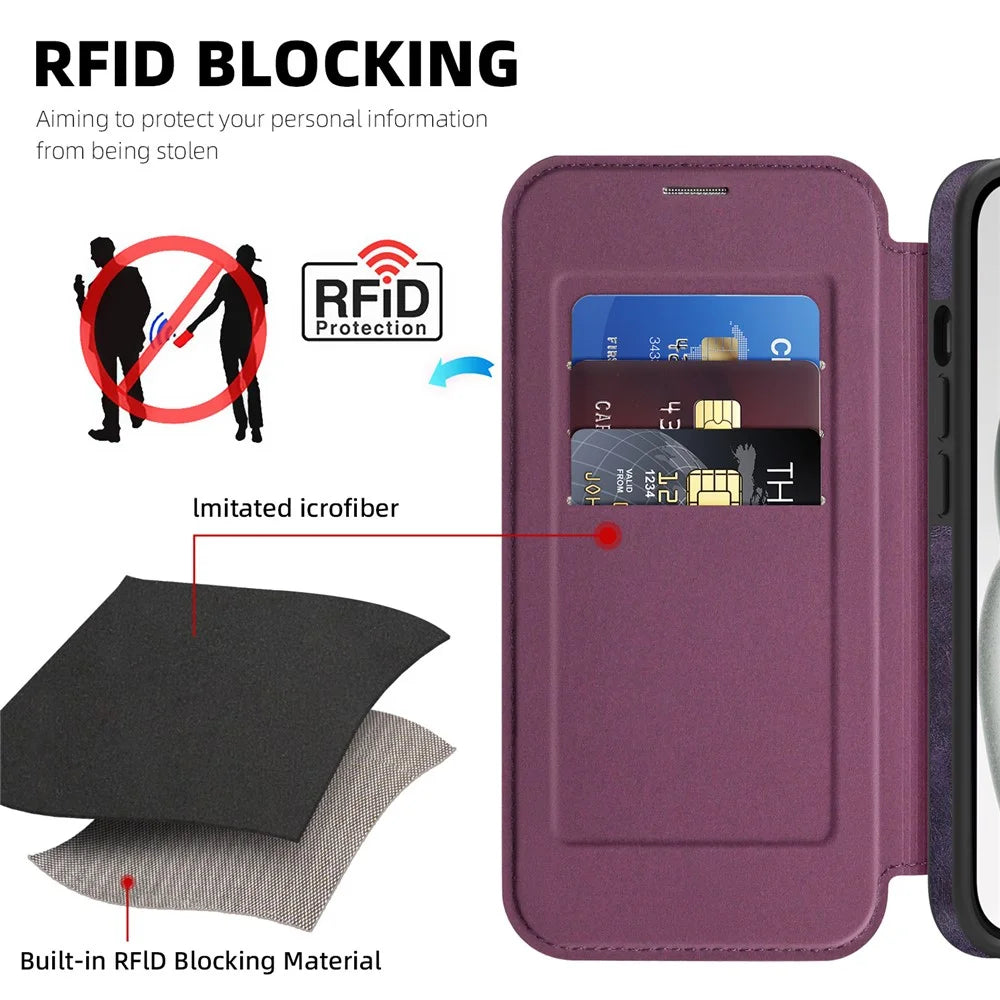 For iPhone 15 Case Compatible with MagSafe RFID Blocking Card Holder Leather Phone Cover - Dark Purple - 4