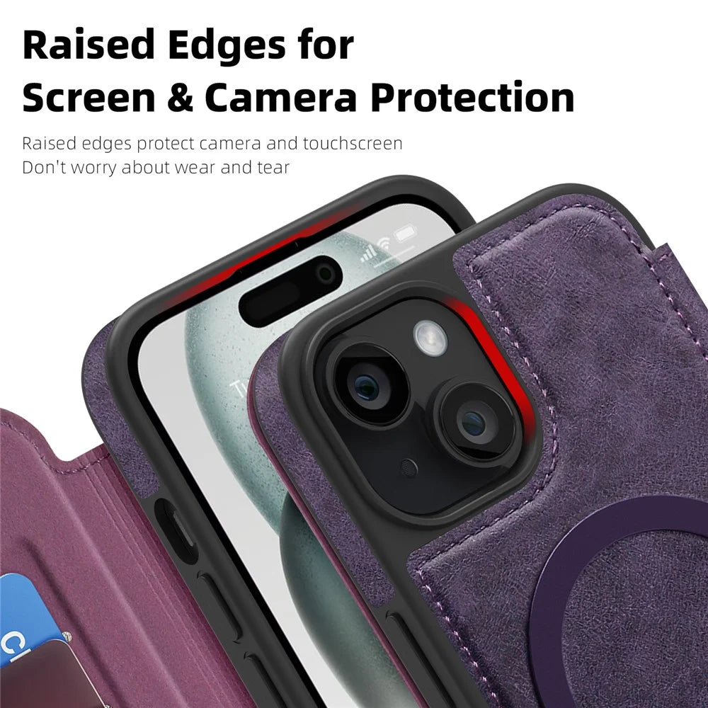 For iPhone 15 Case Compatible with MagSafe RFID Blocking Card Holder Leather Phone Cover - Dark Purple - 6