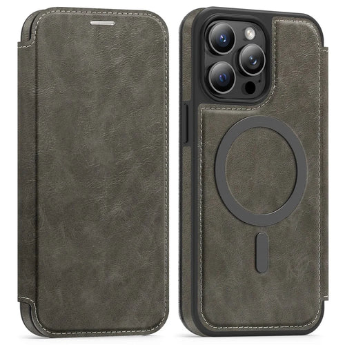 For iPhone 14 Pro Max Case Compatible with MagSafe RFID Blocking Card Holder Leather Phone Cover - Titanium Grey - 1