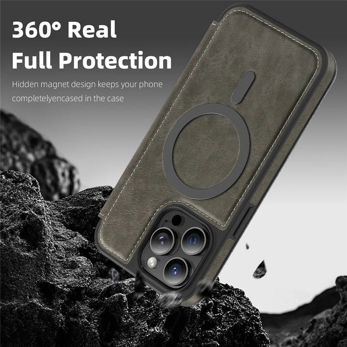 For iPhone 14 Pro Max Case Compatible with MagSafe RFID Blocking Card Holder Leather Phone Cover - Titanium Grey - 5