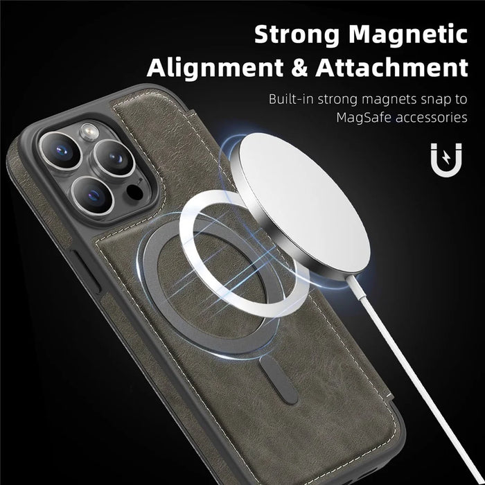 For iPhone 14 Pro Max Case Compatible with MagSafe RFID Blocking Card Holder Leather Phone Cover - Titanium Grey - 7