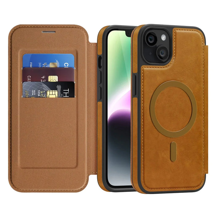 For iPhone 14 Plus Case Compatible with MagSafe RFID Blocking Card Holder Leather Phone Cover - Brown - 2