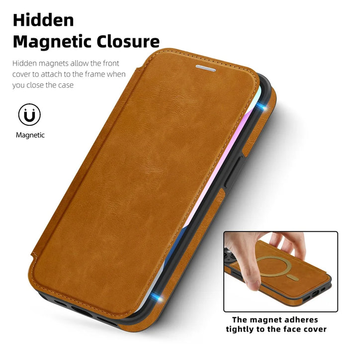 For iPhone 14 Plus Case Compatible with MagSafe RFID Blocking Card Holder Leather Phone Cover - Brown - 3