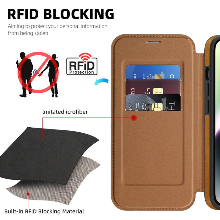 For iPhone 14 Plus Case Compatible with MagSafe RFID Blocking Card Holder Leather Phone Cover - Brown - 4