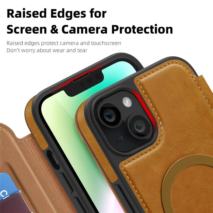 For iPhone 14 Plus Case Compatible with MagSafe RFID Blocking Card Holder Leather Phone Cover - Brown - 6