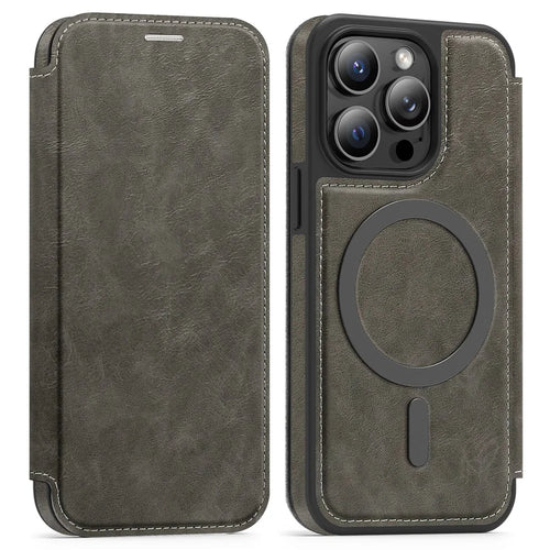 For iPhone 14 Pro Case Compatible with MagSafe RFID Blocking Card Holder Leather Phone Cover - Titanium Grey - 1