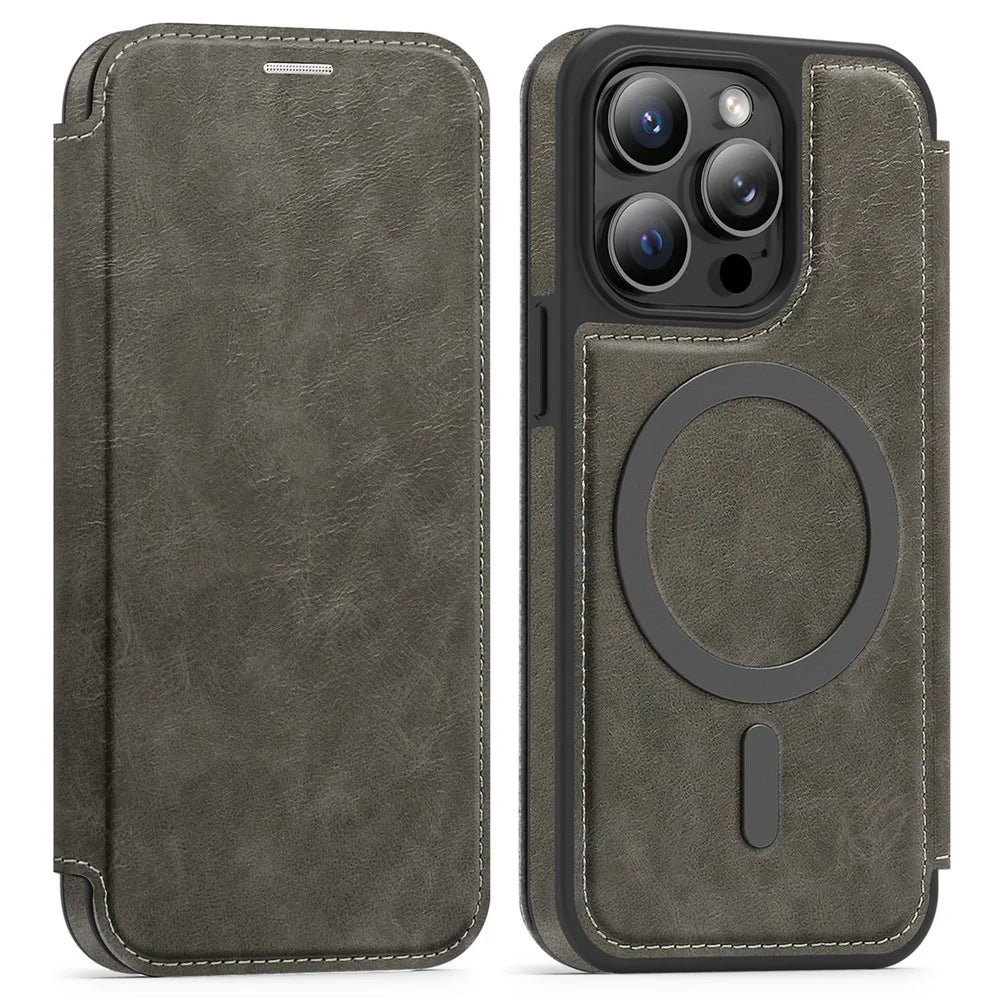 For iPhone 14 Pro Case Compatible with MagSafe RFID Blocking Card Holder Leather Phone Cover - Titanium Grey - 1