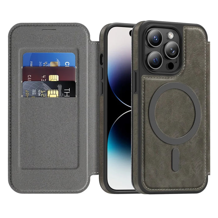 For iPhone 14 Pro Case Compatible with MagSafe RFID Blocking Card Holder Leather Phone Cover - Titanium Grey - 2