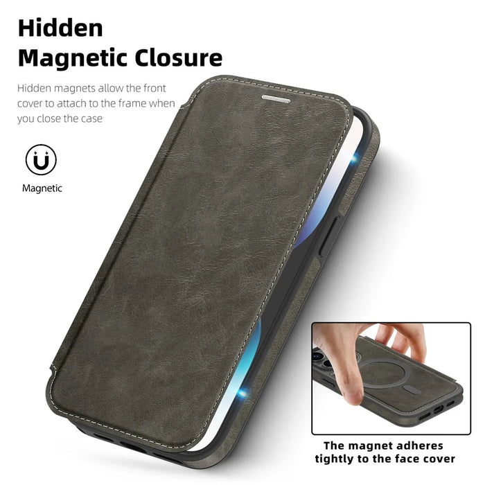 For iPhone 14 Pro Case Compatible with MagSafe RFID Blocking Card Holder Leather Phone Cover - Titanium Grey - 3