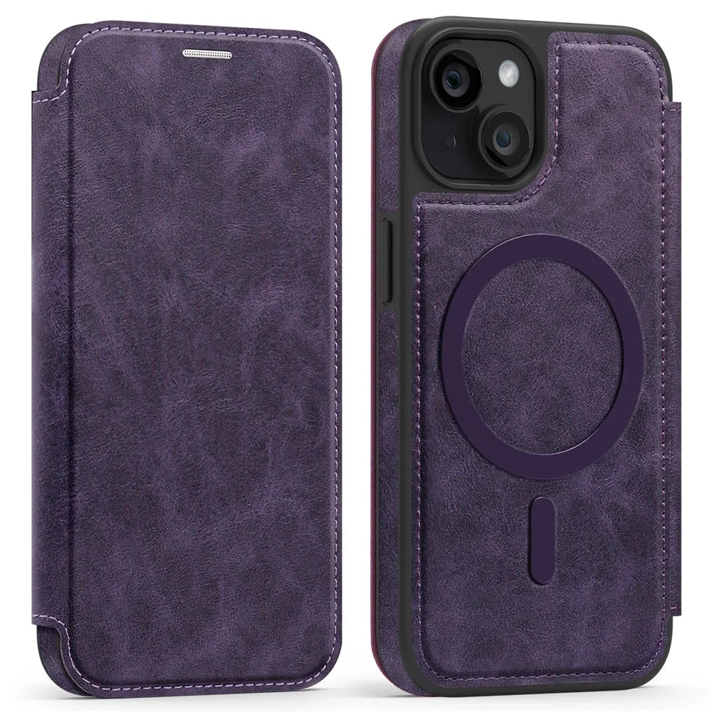 For iPhone 14 Case Compatible with MagSafe RFID Blocking Card Holder Leather Phone Cover - Dark Purple - 1