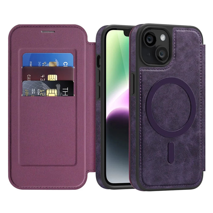 For iPhone 14 Case Compatible with MagSafe RFID Blocking Card Holder Leather Phone Cover - Dark Purple - 2
