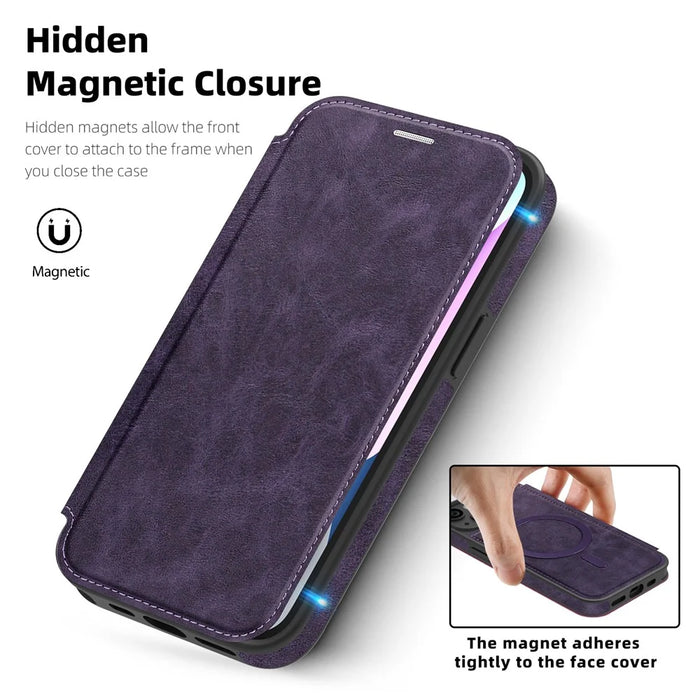For iPhone 14 Case Compatible with MagSafe RFID Blocking Card Holder Leather Phone Cover - Dark Purple - 3