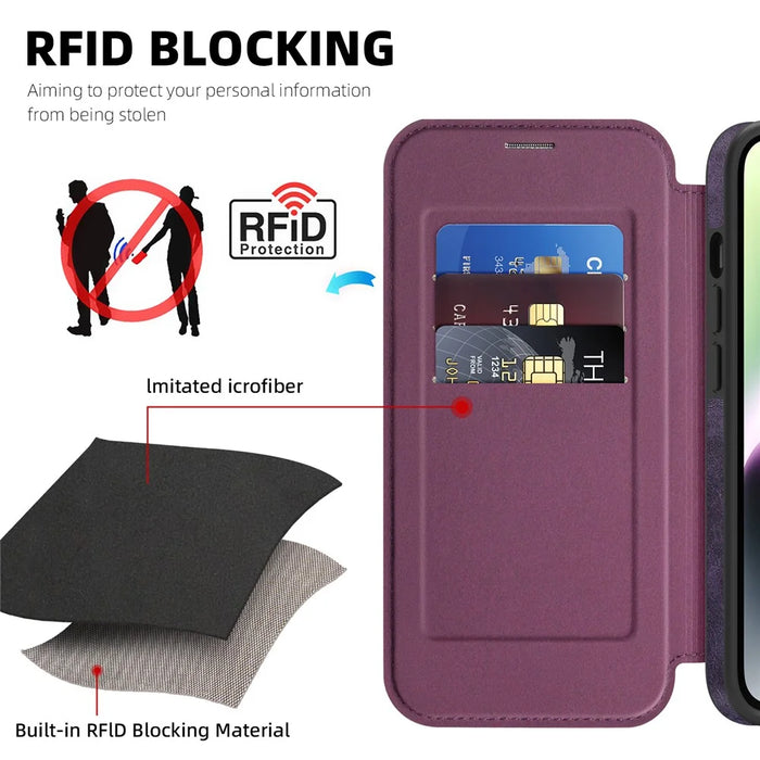 For iPhone 14 Case Compatible with MagSafe RFID Blocking Card Holder Leather Phone Cover - Dark Purple - 4