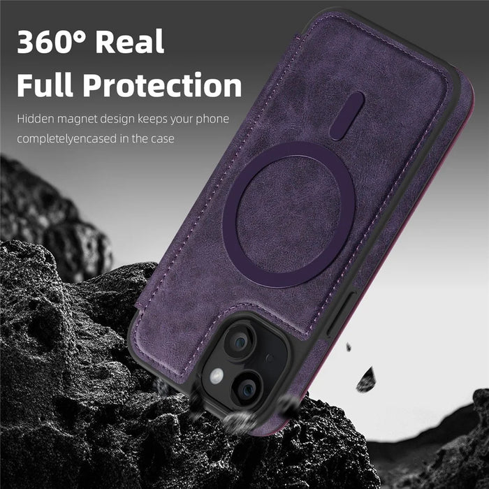 For iPhone 14 Case Compatible with MagSafe RFID Blocking Card Holder Leather Phone Cover - Dark Purple - 5