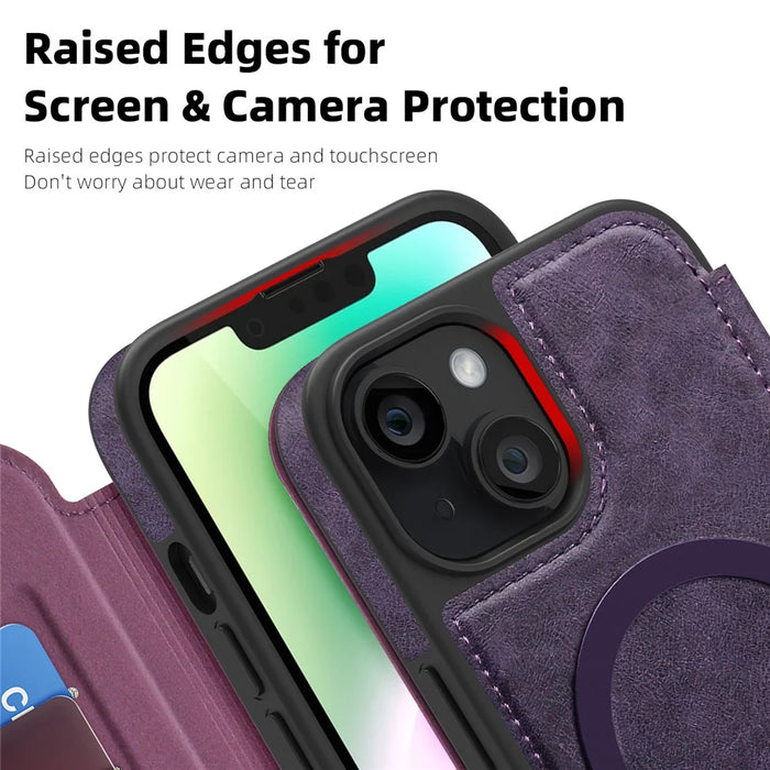 For iPhone 14 Case Compatible with MagSafe RFID Blocking Card Holder Leather Phone Cover - Dark Purple - 6