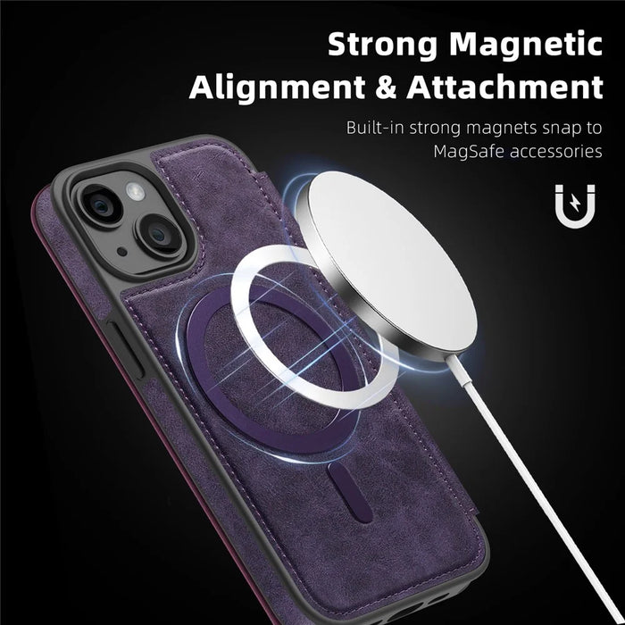 For iPhone 14 Case Compatible with MagSafe RFID Blocking Card Holder Leather Phone Cover - Dark Purple - 7