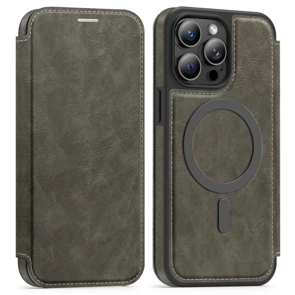 For iPhone 13 Pro Max Case Compatible with MagSafe RFID Blocking Card Holder Leather Phone Cover - Titanium Grey - 1