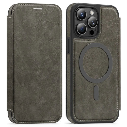 For iPhone 13 Pro Max Case Compatible with MagSafe RFID Blocking Card Holder Leather Phone Cover - Titanium Grey - 1