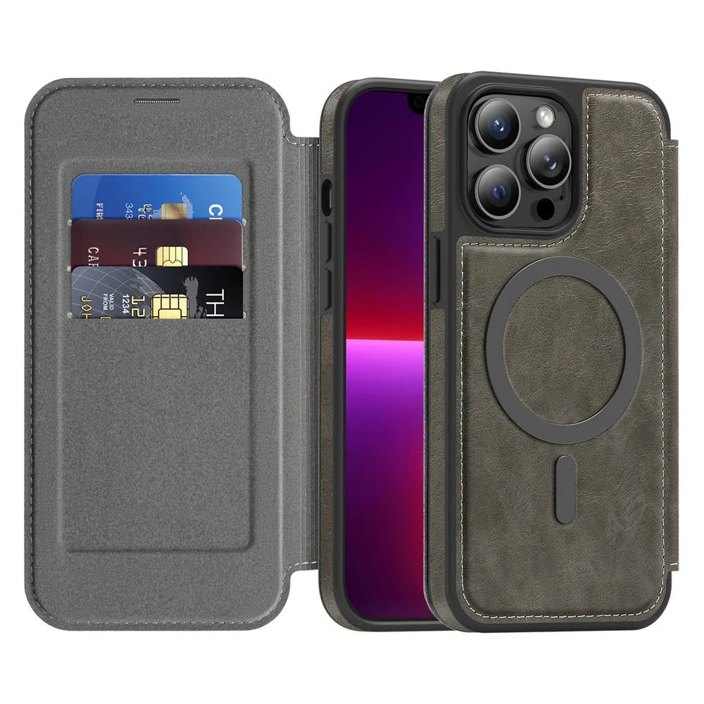 For iPhone 13 Pro Max Case Compatible with MagSafe RFID Blocking Card Holder Leather Phone Cover - Titanium Grey - 2