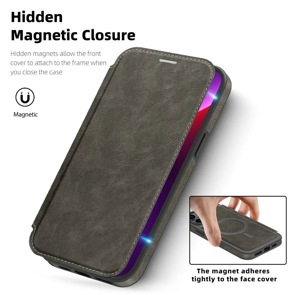 For iPhone 13 Pro Max Case Compatible with MagSafe RFID Blocking Card Holder Leather Phone Cover - Titanium Grey - 3