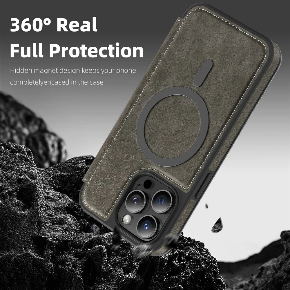 For iPhone 13 Pro Max Case Compatible with MagSafe RFID Blocking Card Holder Leather Phone Cover - Titanium Grey - 5