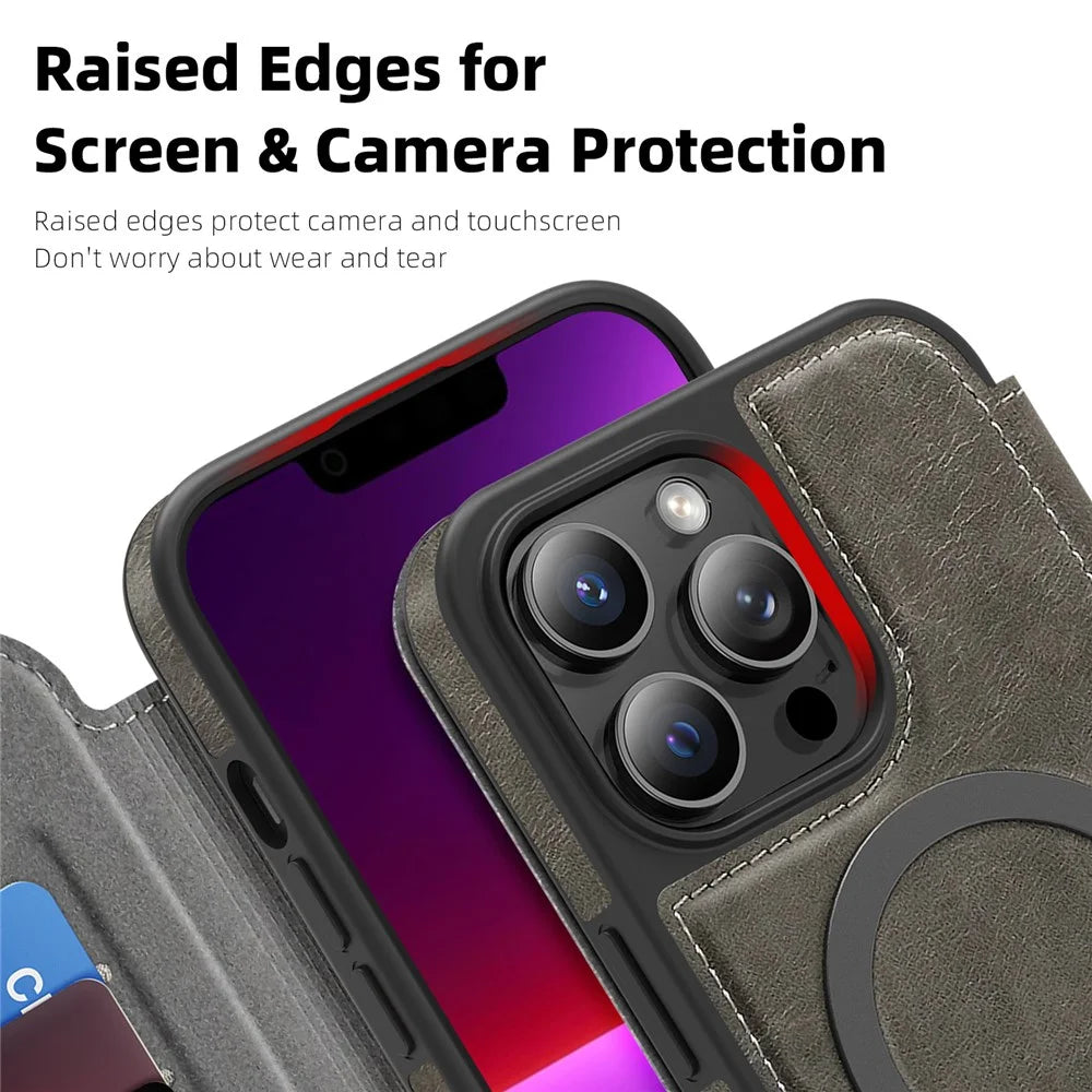 For iPhone 13 Pro Max Case Compatible with MagSafe RFID Blocking Card Holder Leather Phone Cover - Titanium Grey - 6