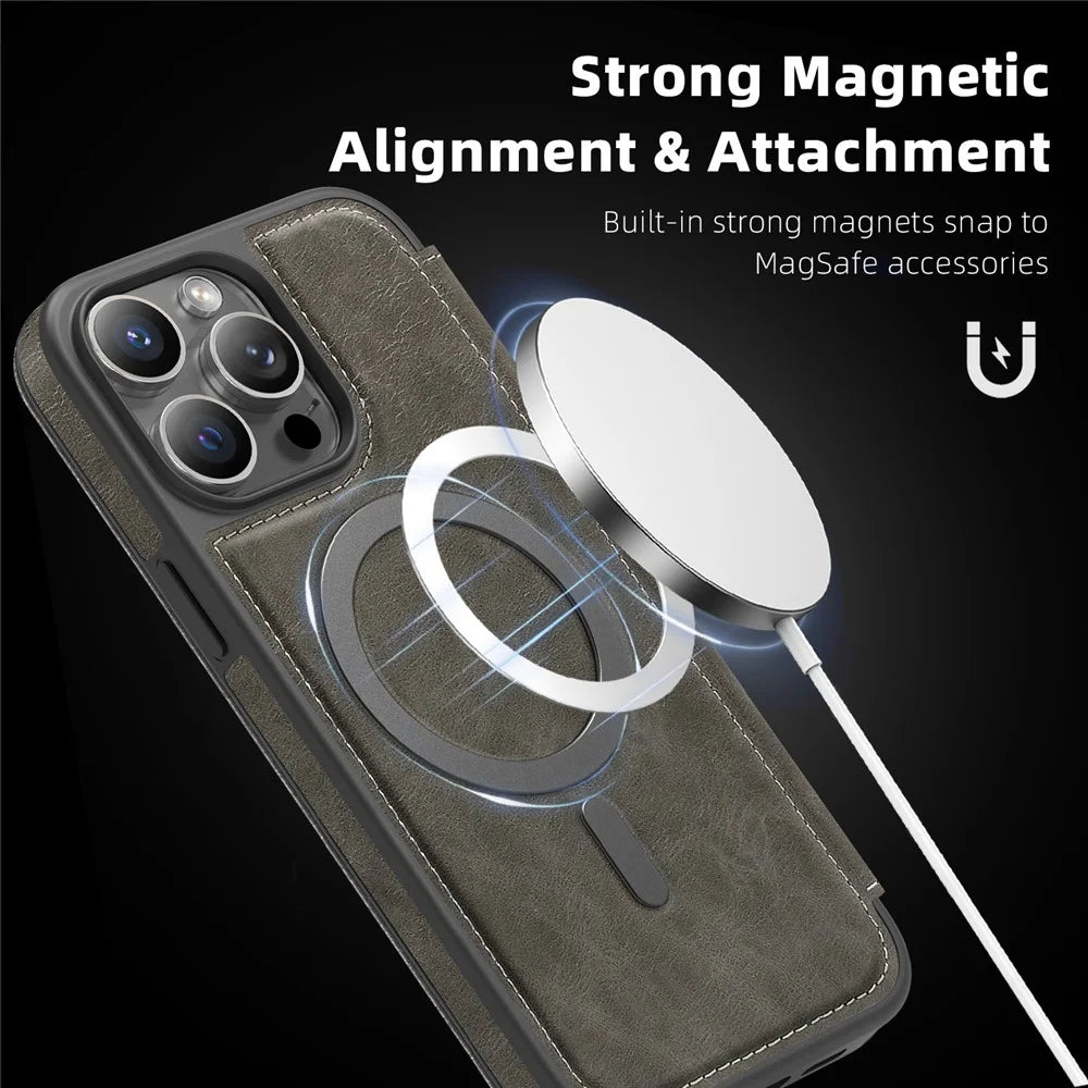 For iPhone 13 Pro Max Case Compatible with MagSafe RFID Blocking Card Holder Leather Phone Cover - Titanium Grey - 7