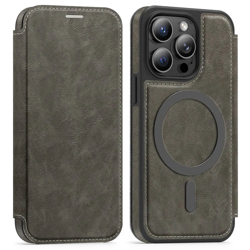 For iPhone 13 Pro Case Compatible with MagSafe RFID Blocking Card Holder Leather Phone Cover - Titanium Grey - 1