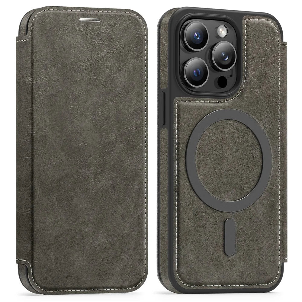 For iPhone 13 Pro Case Compatible with MagSafe RFID Blocking Card Holder Leather Phone Cover - Titanium Grey - 1
