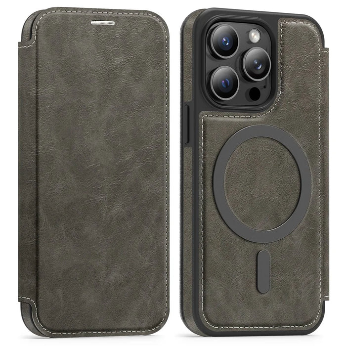 For iPhone 13 Pro Case Compatible with MagSafe RFID Blocking Card Holder Leather Phone Cover - Titanium Grey - 1